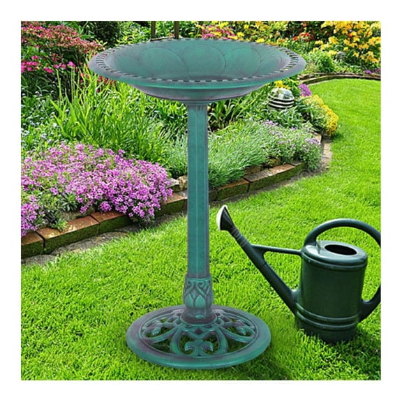 Bird Bath Outdoor, Green Pedestal Birdbath Feeder, Weather-Resistant Garden Decor, 28" Height, 20" Diameter Bowl, with Ground Stakes