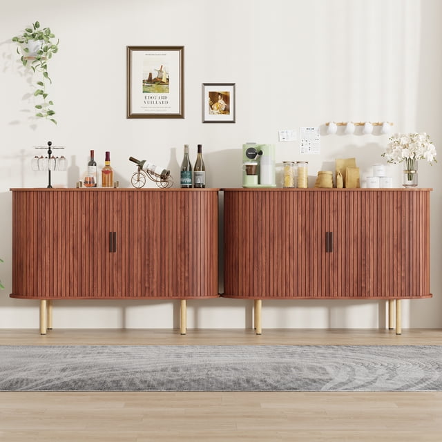 Mid-Century Modern Fluted Sideboard Buffet Cabinet - 47" Wood Storage Console Table with Sliding Doors, Adjustable Shelves for Living Room, Kitchen, Entryway - Huangxiu Pear Black Handle