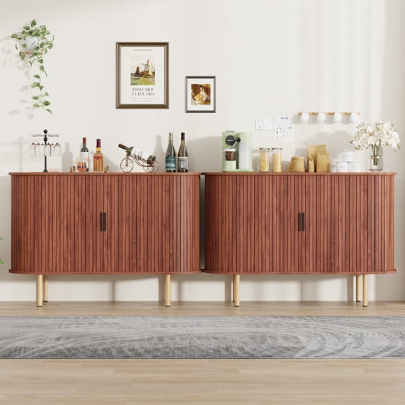 Mid-Century Modern Fluted Sideboard Buffet Cabinet - 47" Wood Storage Console Table with Sliding Doors, Adjustable Shelves for Living Room, Kitchen, Entryway - Huangxiu Pear Black Handle