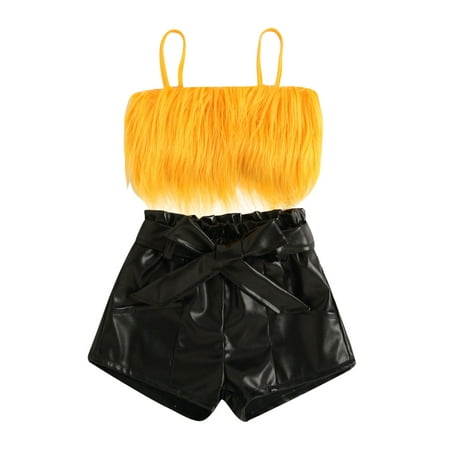 

Kids Little Girl Summer Outfits Strap Fluffy Fur Cropped Tank Top Faux Leather Shorts Pants Clothes Set
