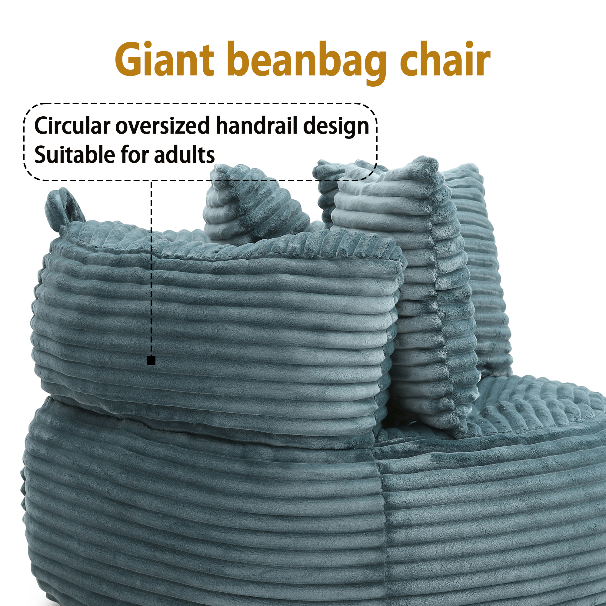 MDQMD 45"Oversized Bean Bag Chair Round with Armrests Corduroy Fabric 3 Pillows Comfy Lazy Sofa for Adults Giant Bean Bag Chair for Living Room Bedroom Gaming Reading Nook Dark Blue