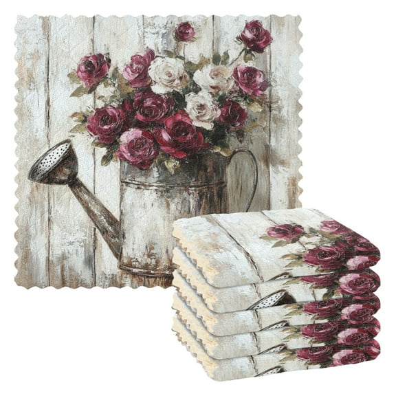 Qxltty Burgundy Roses Kitchen Towels Set of 6 Ultra Soft Absorbent Quick Drying Dish Cloths 11 x 11in