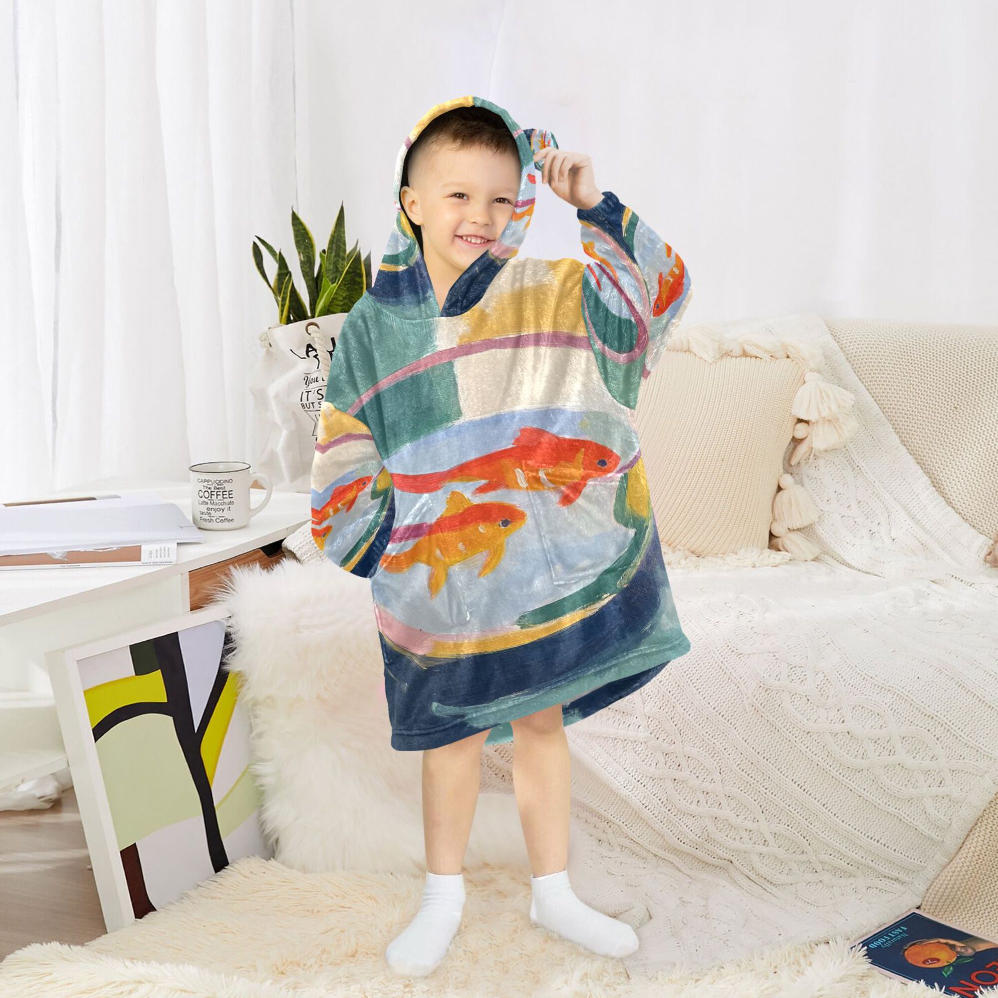 FORMRS Wearable Blanket Hoodie with Sleeves for Kids Cozy Flannel Sweatshirt, Goldfish Bowl