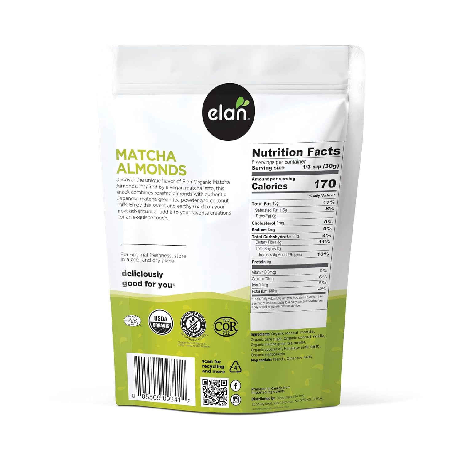 (Pack Of 8) Elan Almonds Matcha Organic 5.6 Oz