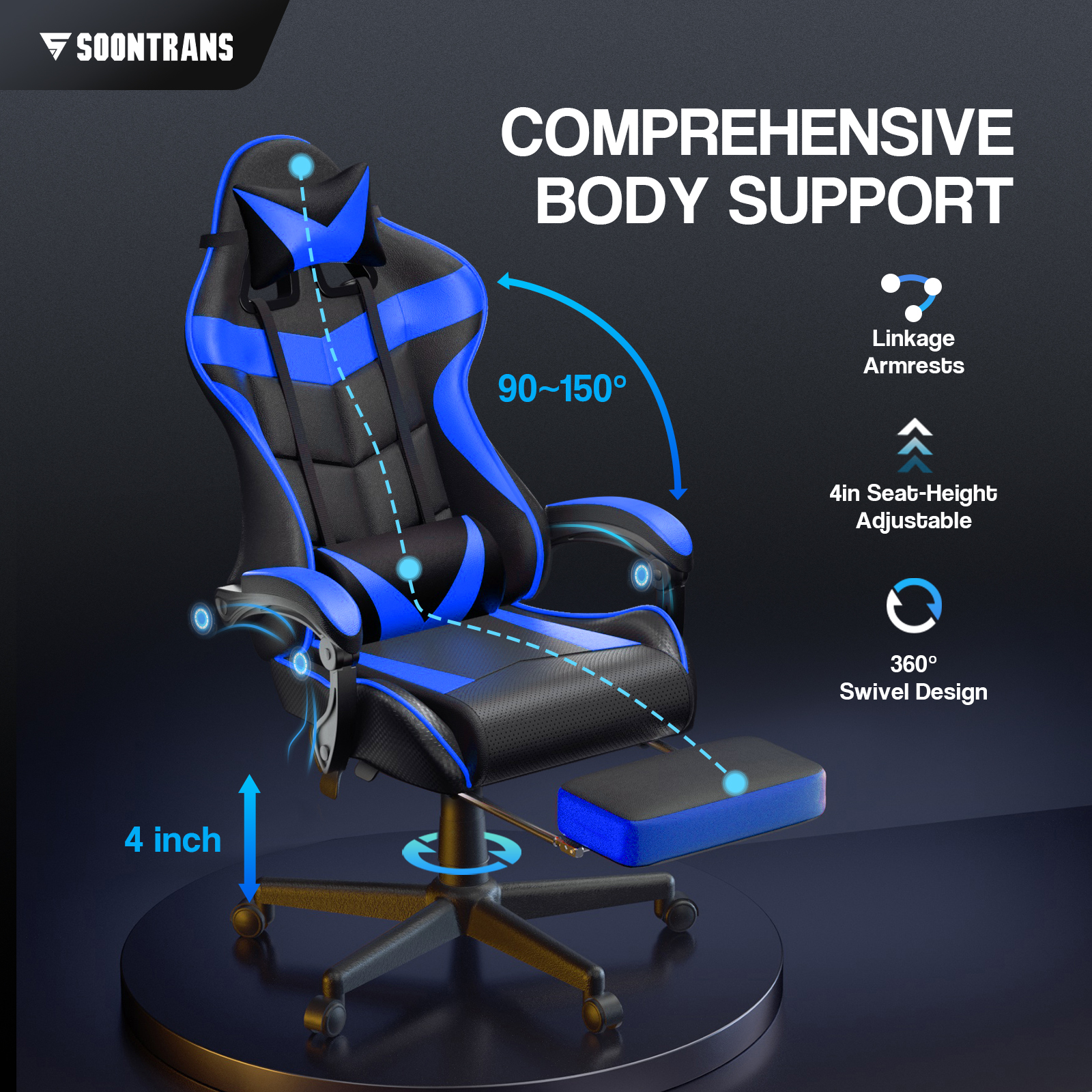 SOONTRANS Gaming Chair with Massage, Blue photo 2