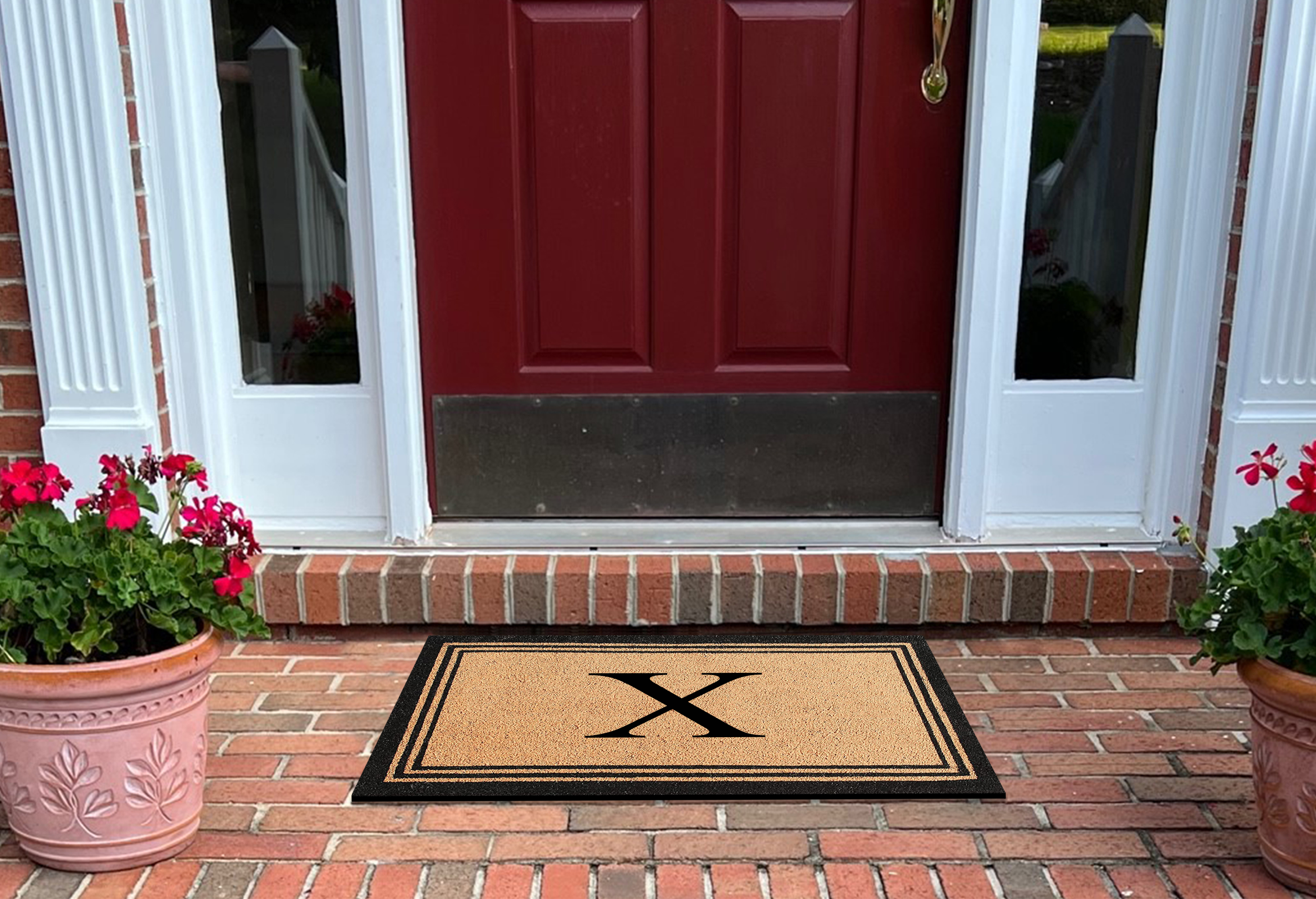 A1HC Black/Beige 18 in x 30 in Front Door Mat Coir PVC Classic Border Entryway Mat Heavy Duty Boot Scrapper Monogrammed Doormat
