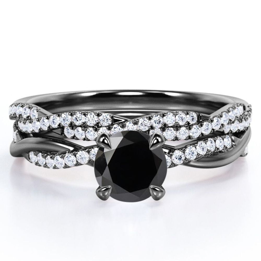 JeenMata Twisted Pave - 1.75 Carat Round Shaped Lab Created Black Diamond and Moissanite - Four Prong Wedding Set - 18K Black Gold Plating over Silver