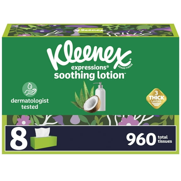 Kleenex Expressions Soothing Lotion Facial Tissues With Coconut Oil, 8 Flat Boxes, 120 Tissues Per Box, 3-Ply (960 Total Tissues), Packaging May Vary