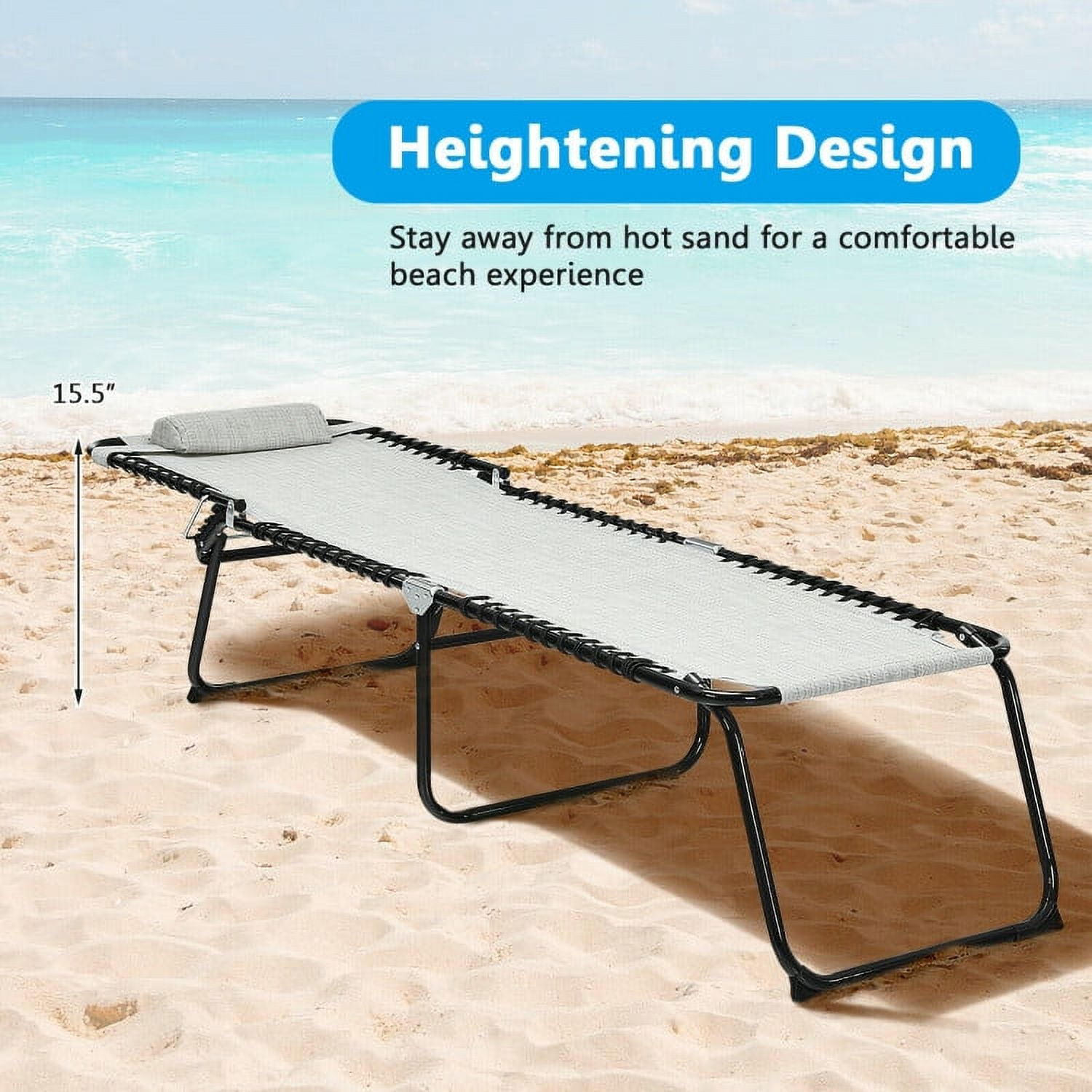 Aimee Lii Folding Heightening Design Beach Lounge Chair with Pillow for Patio, Patio Loungers, Gray