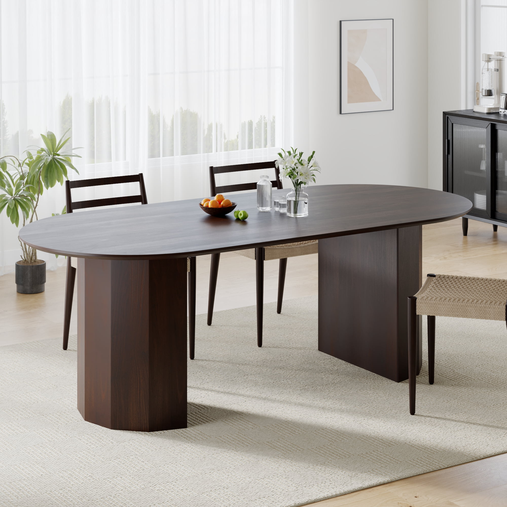 MAYEERTY Modern 79*33.5*30" Oval Walnut Dining Table with Beveled Edge Top & Polygonal Cylinder Split Base