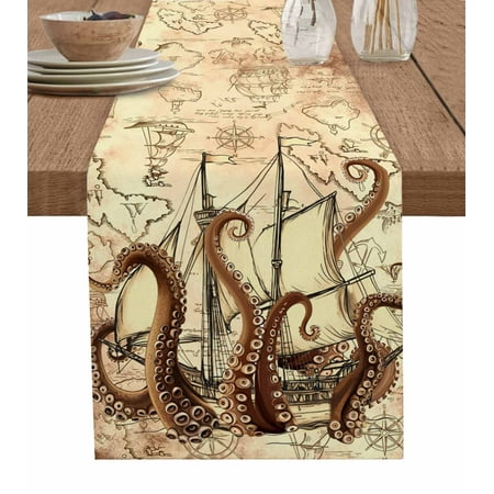 

Vintage Octopus Table Runner Beige Nautical Coastal Retro Tablerunners 14 x 72 Inch Table Decorations Tabletop Scarf for Summer Gathering Holiday Farmhouse Kitchen Dining Decor