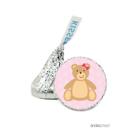 Girl Bubblegum Pink Teddybear Hershey´s Kiss Baby Shower Stickers, 216-Pack