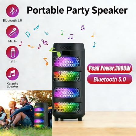 Lohoms Portable Bluetooth 5.0 Speaker 3000W with RGB Disco Lights, TWS Stereo Pairing, FM Radio, USB/SD/AUX Input, Durable Build for Outdoor & Indoor Parties, Home Events, DJ & Karaoke