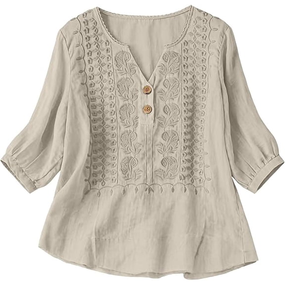 Embroidered Cotton Linen Tops for Women 3/4 Sleeve V-Neck Summer Boho Peasant Gauze Button Up Shirts Loose Tunics Gauze Blouses