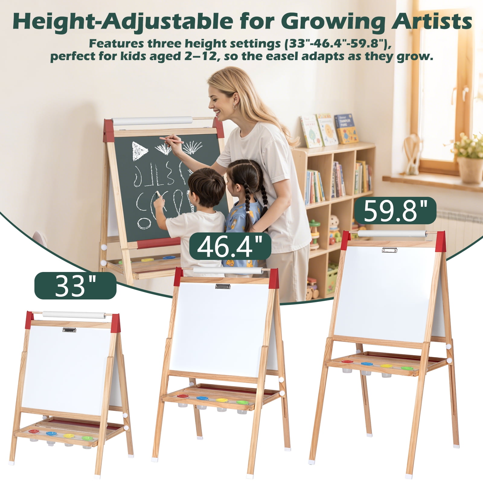 Furnibear Wooden Height-Adjustable Kids Art Easel (Fits Ages 3-12) - Double-Sided Magnetic Board (Dry Erase Whiteboard + Chalkboard), Smooth Burr-Free, Easy to Clean, Wood color