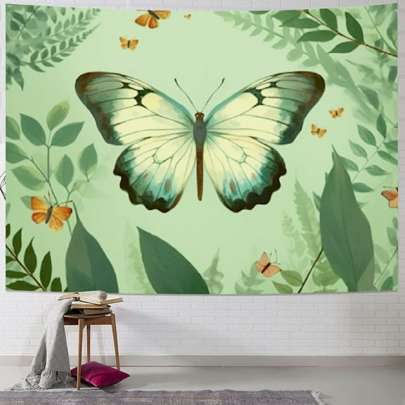 Creowell  Sage Green Butterfly Leaf Wall Tapestry Boho Green Butterfly and Leaves on Beige Background Tapestry Aesthetic Nature Plant Wall Tapestry for Bedroom Living Room Girl Dorm 40x30inch