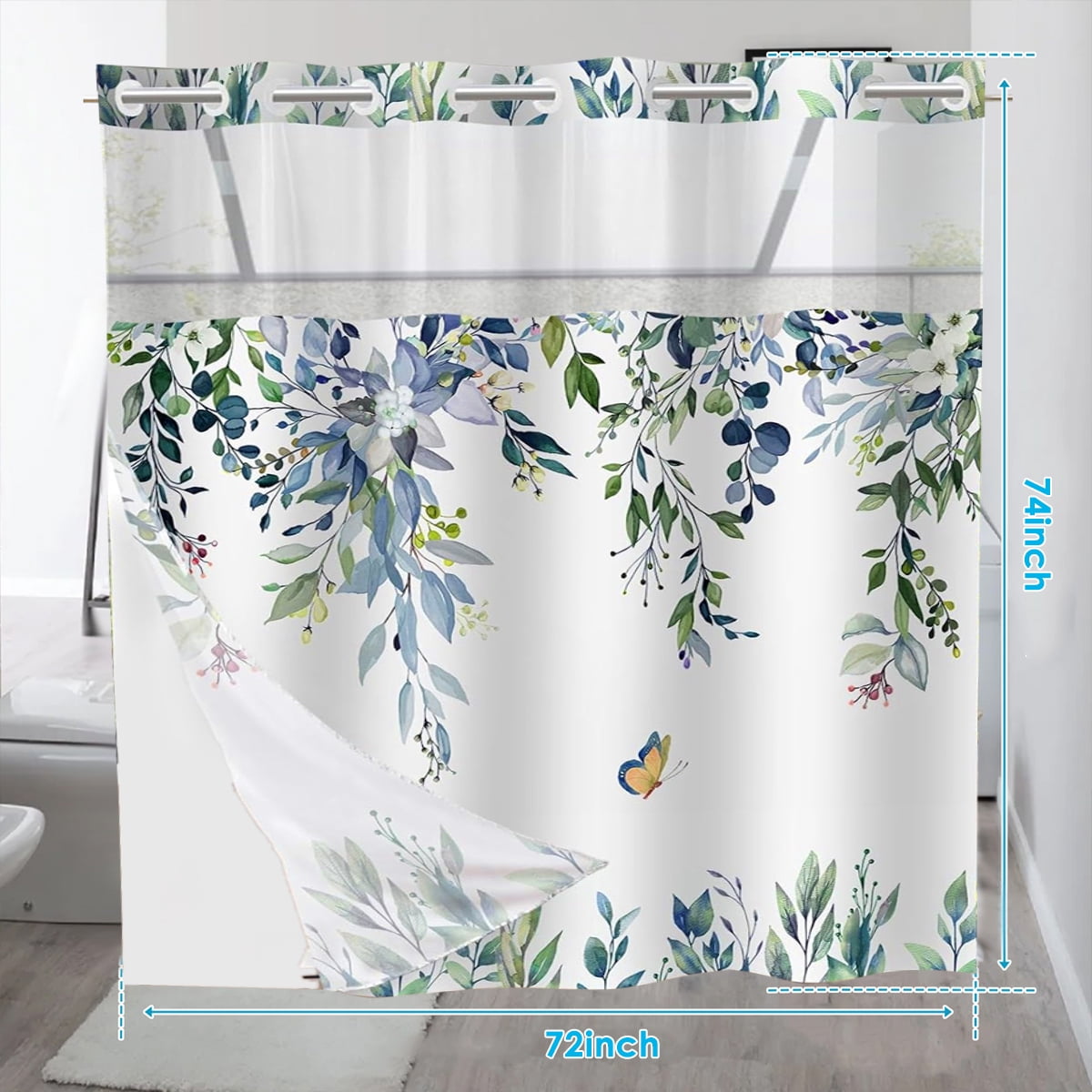 Dznils No Hook Shower Curtain with Snap-in Liner, Blue Eucalyptus Fabric Bathroom Curtain, 72" x 74"