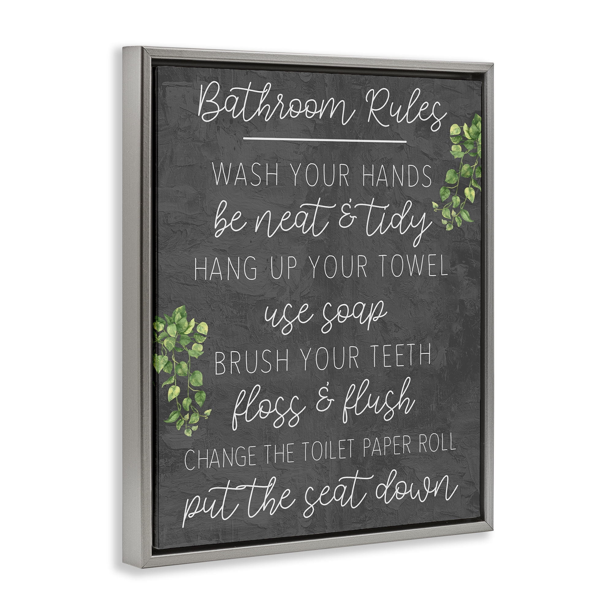 Stupell Industries Bathroom Rules with Greenery Bath & Laundry Painting Gray Floater Framed Canvas Art Print Wall Art, 25 x 31
