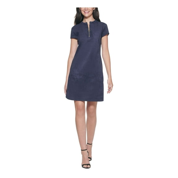 KENSIE Womens Navy Zippered Pocketed Short Sleeve Round Neck Above The Knee Party Shift Dress 4