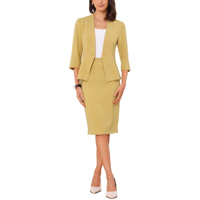 Conjunto de 2 piezas INSPIRE CHIC para mujer, blazer sin cuello de manga 3/4, falda lápiz de cintura alta, atuendos de trabajo, amarillo, talla L