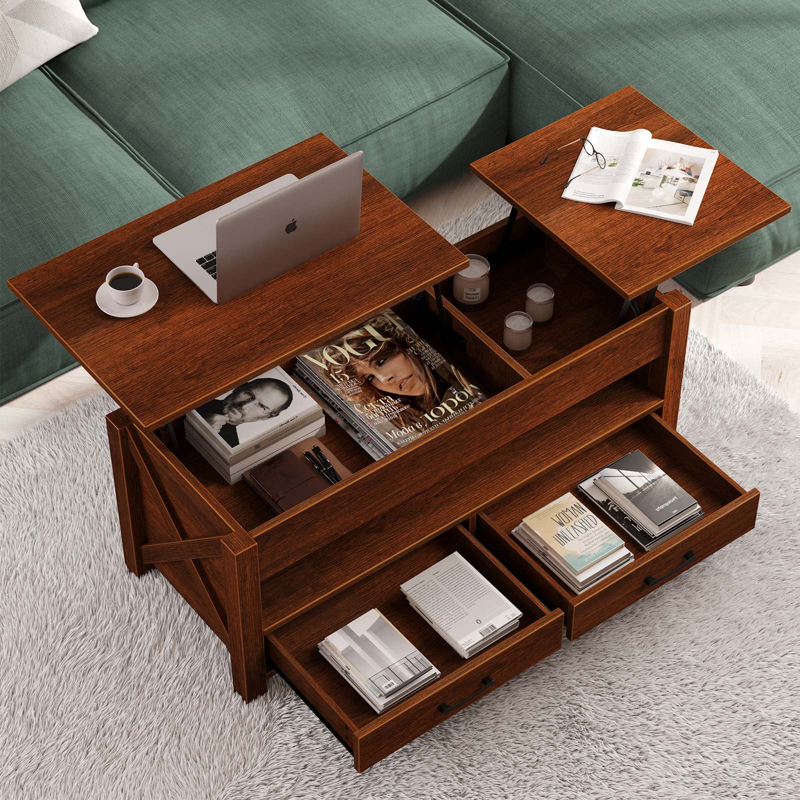 Greenstell Lift Top Coffee Table 47.2"with Storage Drawers and Hidden Compartment,Espresso