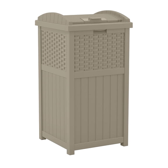 Suncast Resin Wicker Hideaway Outdoor Trash Can with Latching Lid, Dark Taupe