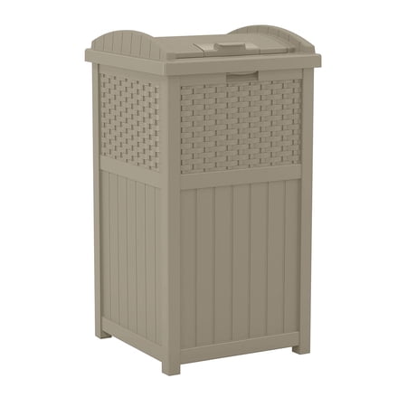 Suncast Resin Wicker Hideaway Outdoor Trash Can with Latching Lid, Dark Taupe