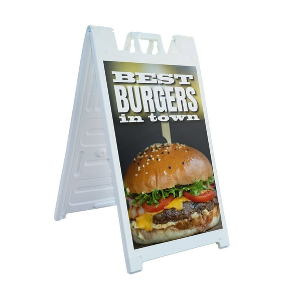 The Best Burgers In Town 24" x 36" Double Sided A-Frame Sidewalk Sign Includes 2 Plastic Inserts Foldable Portable White Signicade Sandwich Board Restaurant Specials Freshly Made