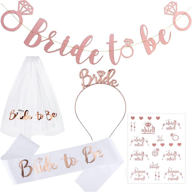 Conjunto de despedida de soltero, futura novia, velo de oro rosa bronceado, pancarta con letras, banda para el cabello, cinturón de etiqueta
