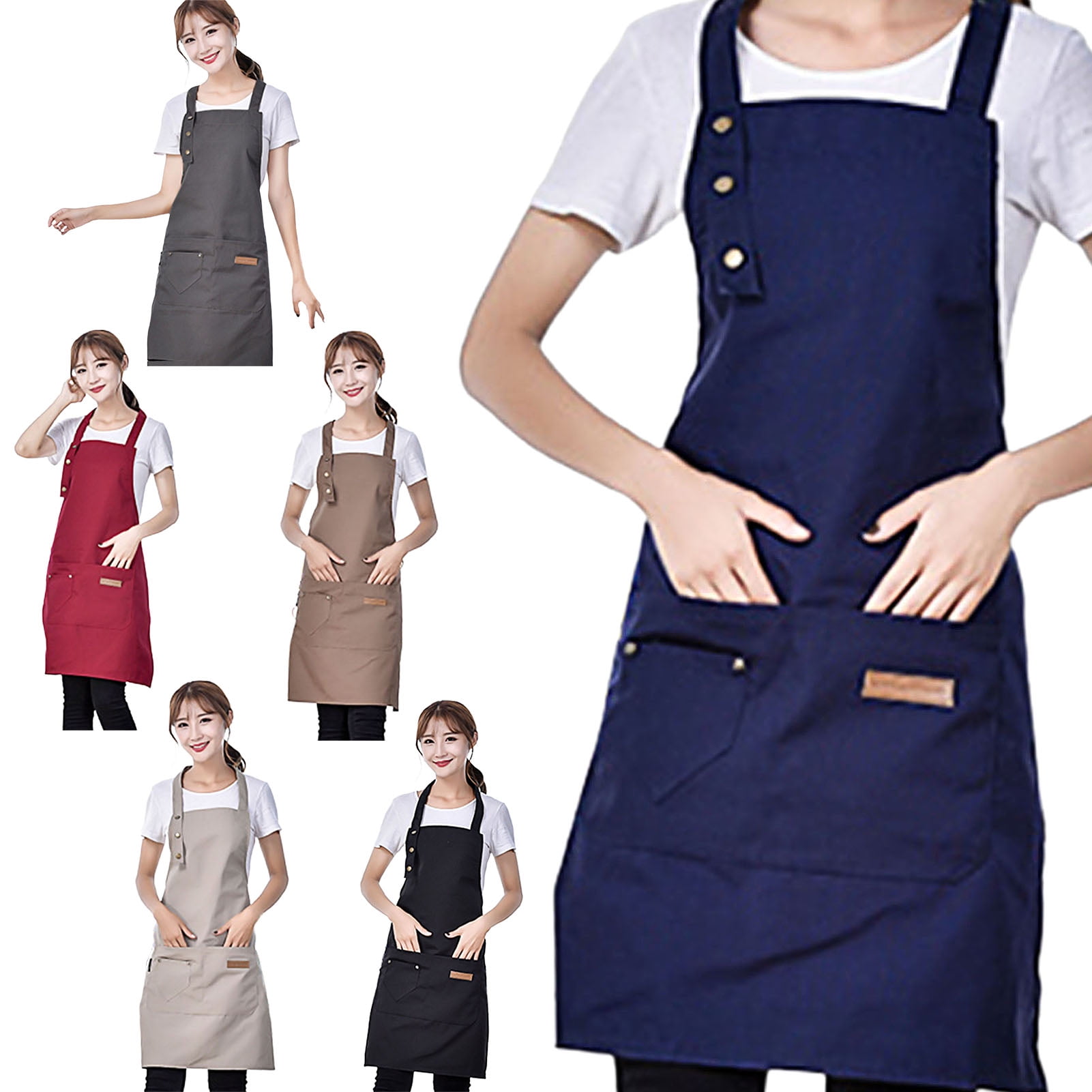 Women Kitchen Bib Dress Apron Waterproof w/ Pockets for Chef BBQ Cooking Baking 