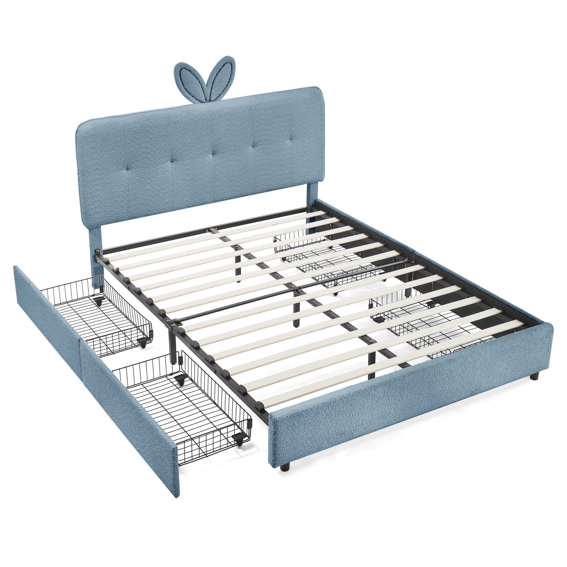 Noble House Bertis Full Size Boucle Kids Bed, Rabbit Ear Headboard Bed Frame with LED Light and Storage Drawers, Navy