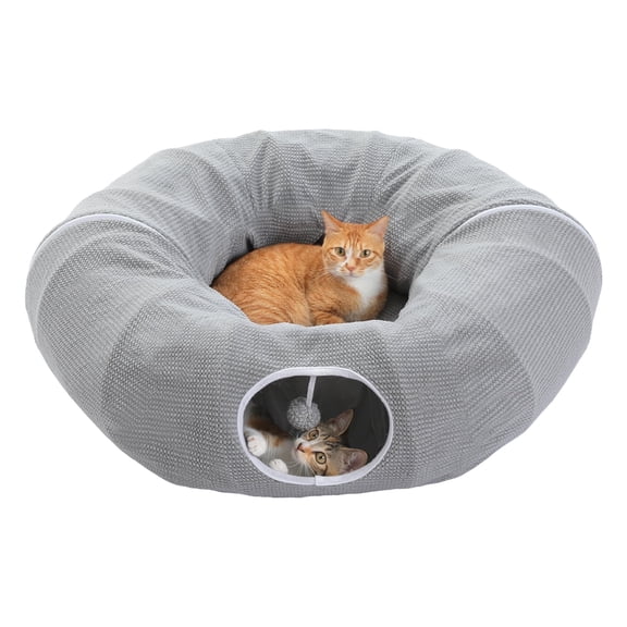PAWZ Road 35" 2-In-1 Cat Tunnel Foldable Cat Bed with Soft cushion & Pompom Toy for Indoor Cat Gray