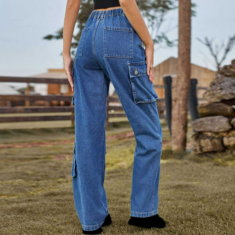 Hvyesh Women Cargo Jeans Vintage High Waist Wide Leg Denim Pants Trendy  Flap Pocket Y2K Trouser Fashion Design Sense Long Pants Dark Blue M