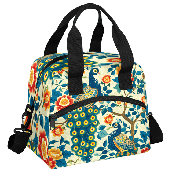 Herdesigns Peacock Insulated Lunch Bag for Women Men Adults Large Reusable Lunch Box Peacock Flower Leakproof Cooler Tote Bags with Adjustable Shoulder Strap