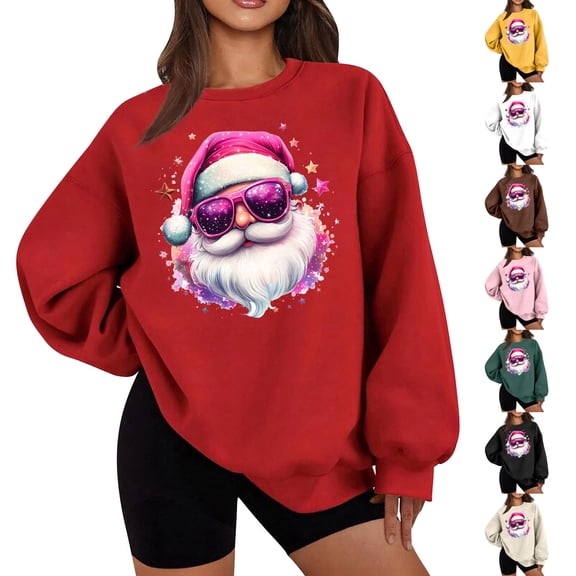 Feancey Funny Graphic Sweatshirts for Women Christmas Ugly Sweatshirt Oversized Long Sleeve Crewneck Pullover Cute Santa Claus Print Tops Pink XXL