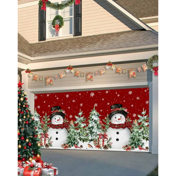 Garage Door Banner Cover 7 x 16 ft, Christmas Snowman Red Birds Winter Snowflakes Xmas Tree Christmas Garage Door Decorations Holiday Christmas Backdrop Decor for Winter New Year Xmas Party