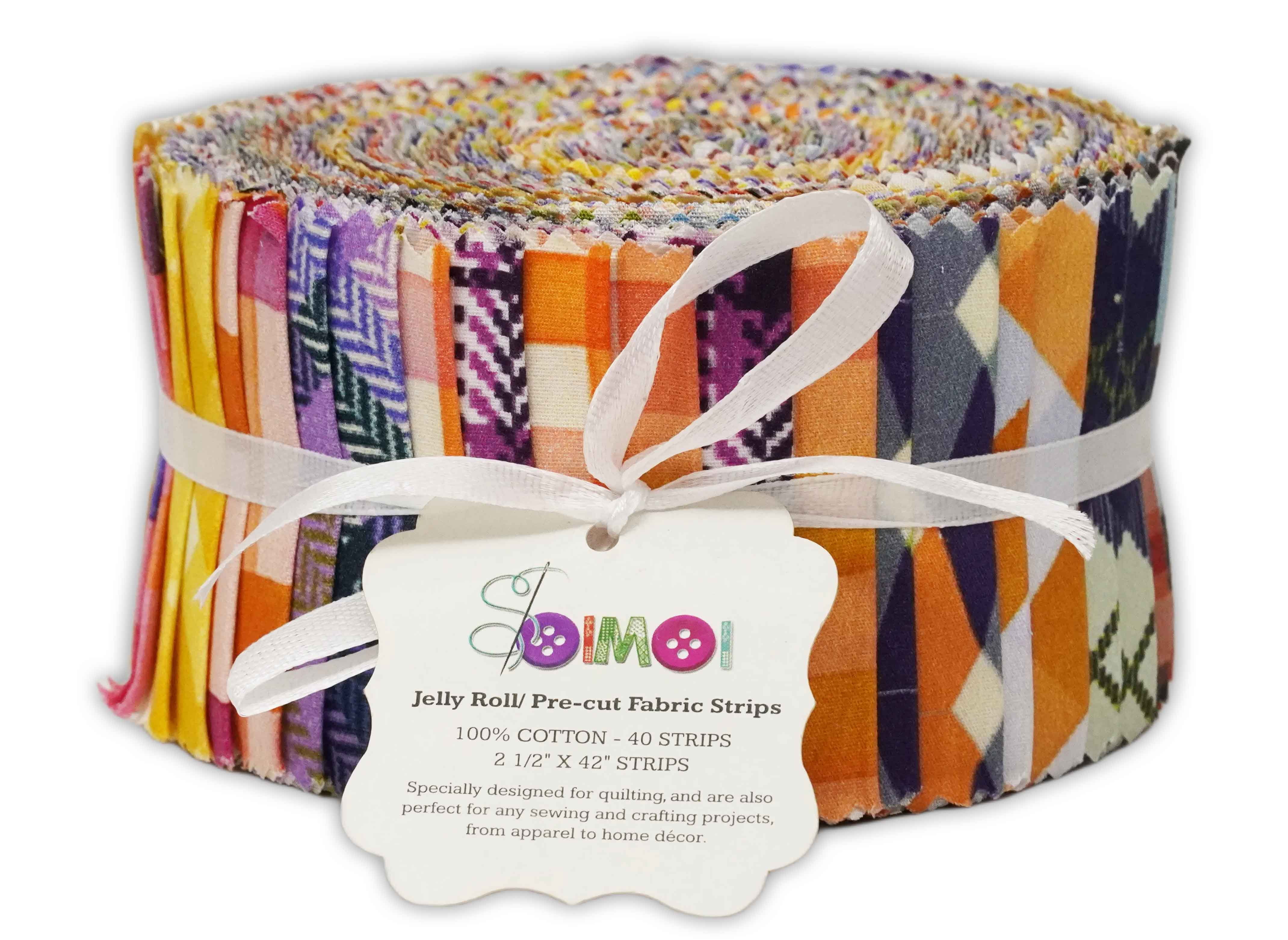 Soimoi 40Pcs Check Print Precut Fabrics Strips Roll Up 2.5 x 42 inches Cotton Jelly Rolls for Quilting - Multicolor