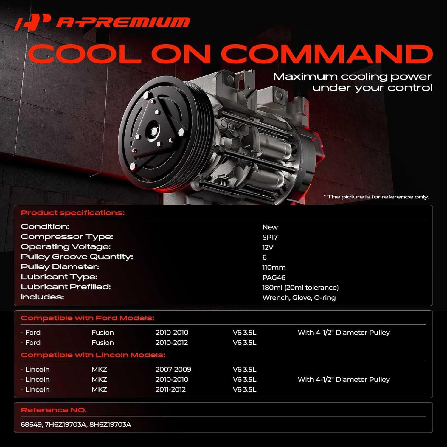 A-Premium AC Compressor with Clutch Compatible with Ford Fusion 2010-2012 Lincoln MKZ 2007-2012 V6 3.5L