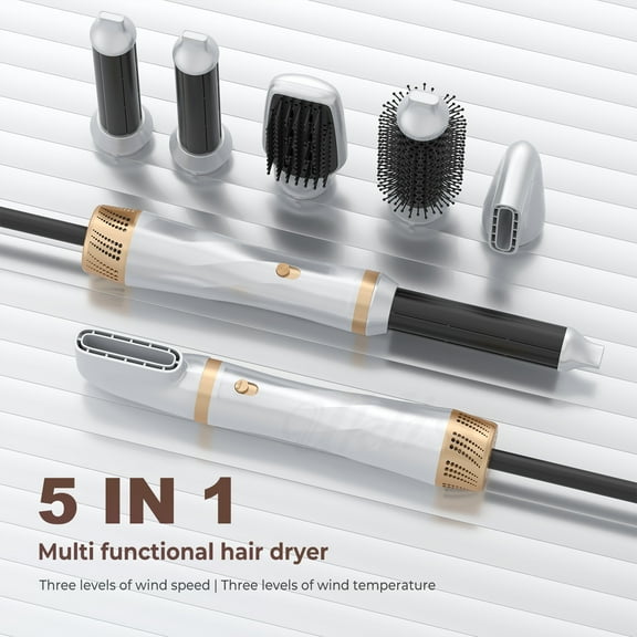 5-in-1 Hot Air Brush Kit, Professional Hair Dryer Brush Set with 5 Interchangeable Attachments, Hair Styler for Straightening, Curling, Volumizing & Drying, Salon-Grade Blowout Tool