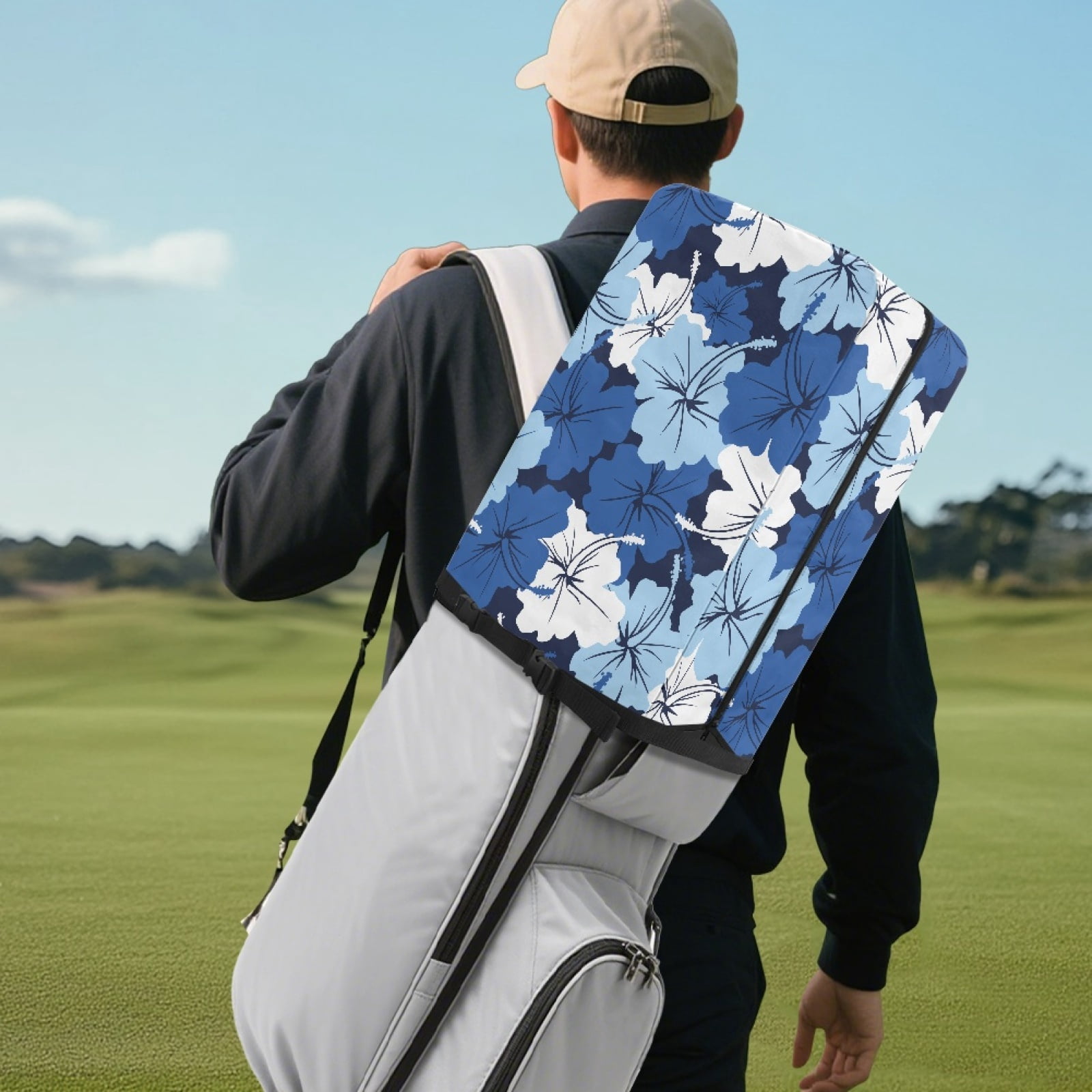 Yuyamidu Blue Hibiscus Golf Bag Cover Portable Golf Bag Rain Cover Floral Golf Caddy Bags Covers Golf Gifts for Women Universal Golf Club Bag Accessories