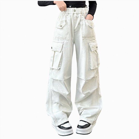 CAICJ98 Girl's Elastic High Waist Cargo Pants with Flap Pocket Wide Leg Trousers Cargo Pants Teen Girls (White,10-11 Years)