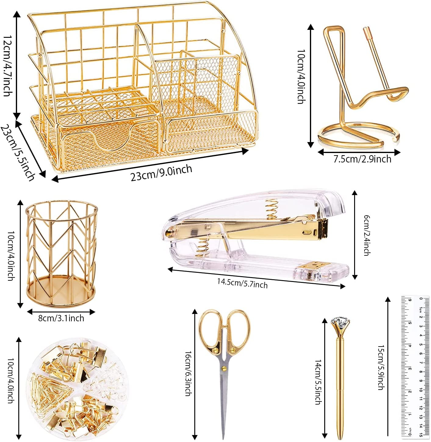 Gold Desk Organizers and Accessories Office Supplies Set Stapler, Pen Holder, Phone Holder, Scissors, Pen, Ruler, 30 Paper Clips, 22 Binder Clip, 20 Tacks and 1000pcs Staples (Gold)