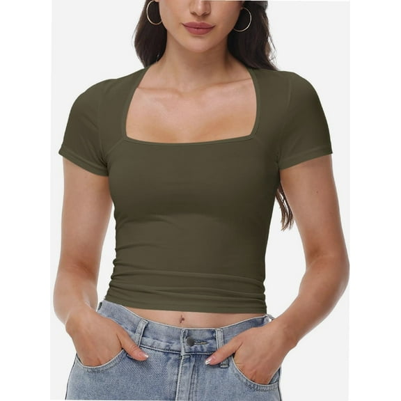 Women's Square Neck Tops Short Sleeve Crop Tops Workout Summer Clothes Casual Slim Fit T-Shirts