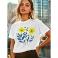 thumbnail image 5 of Women's T-Shirt Simple Cartoon Yellow Blue Flowers Short Sleeve Casual Tee Classic Crew Neck T Shirt for Women White, 2XL, 5 of 7