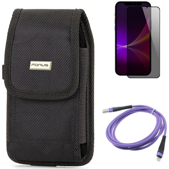 Privacy Screen Protector & 6ft USB Cable & Case Belt Clip for iPhone 13 Pro Max ONLY - Tempered Glass Curved Anti-Spy   Purple Charger Cord Power   Rugged Holster Canvas Combo