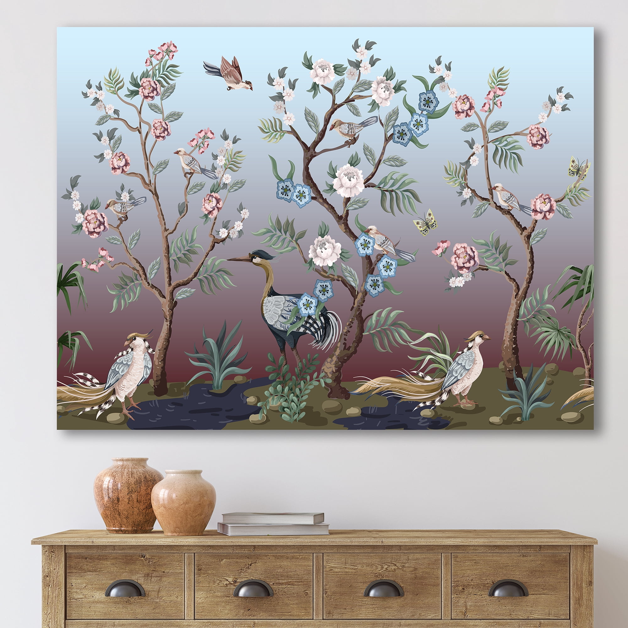 Chinoiserie With Peonies and Birds XI 32 in x 24 in Painting Canvas Art Print, by Designart