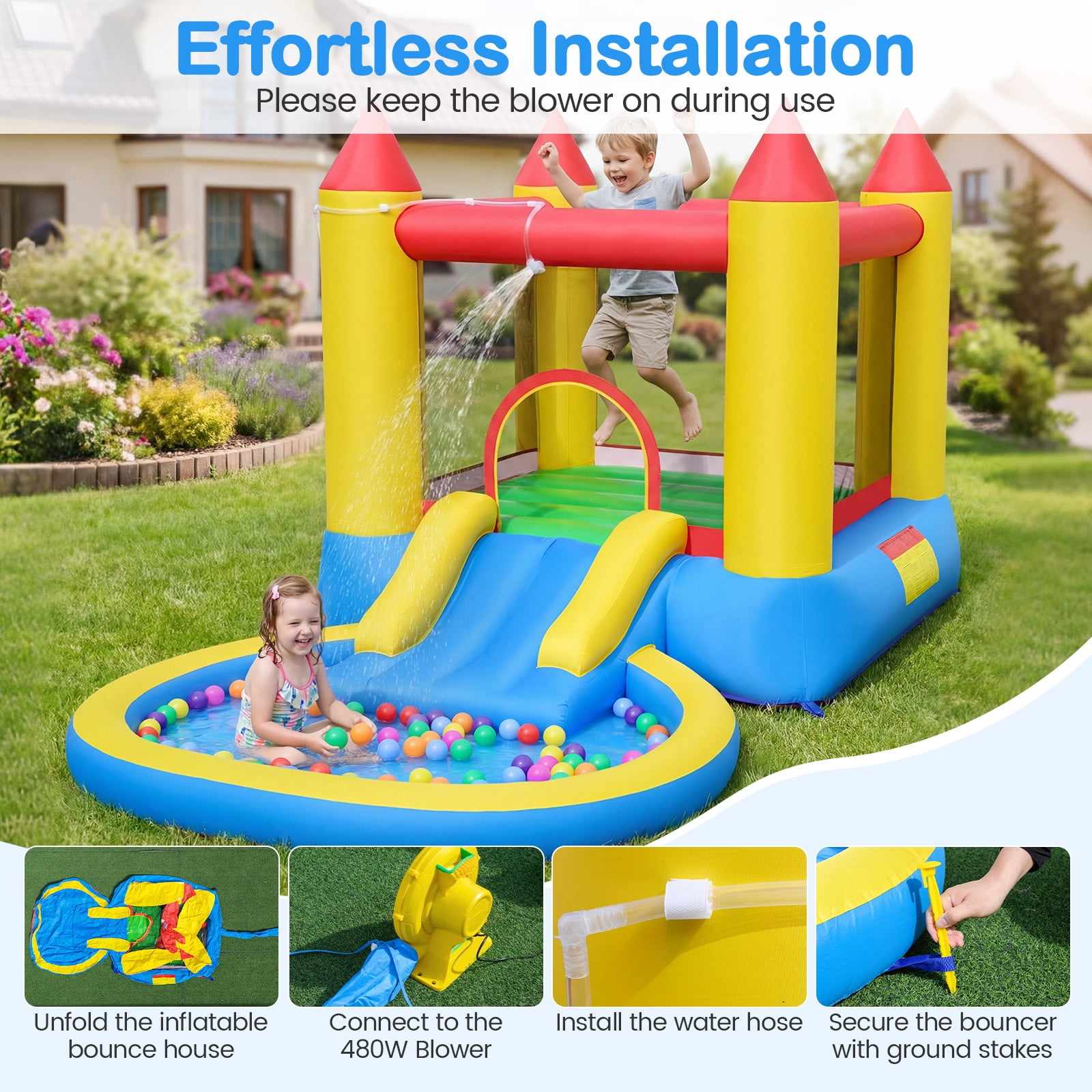Gymax Inflatable Bounce House Kids Water Park Wet Dry w/ Splash Pool Water Slide & Bouncy Area Indoor Outdoor Jumping Castle