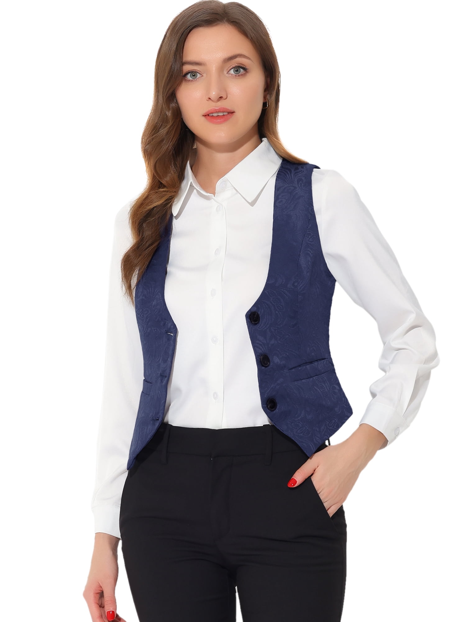 DARING DIVA Women's Button Up Steampunk Jacquard Sleeveless Suit Vest L Dark Blue