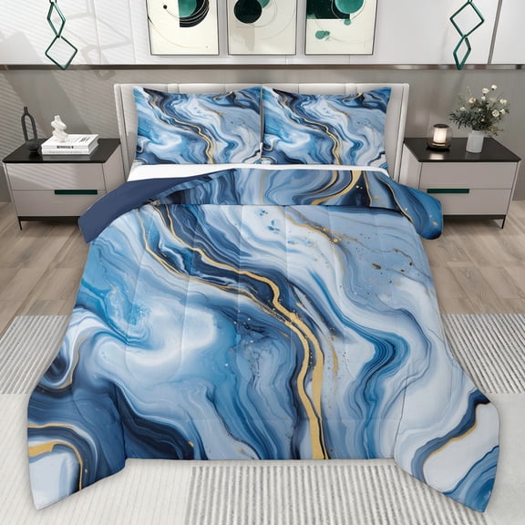 Castle Fairy Blue Oil Painting Twin Comforter Sets,Marbling Watercolor Bedding Set