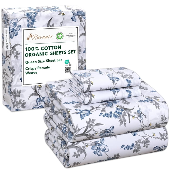 RUVANTI 100% Organic Cotton Sheets - Queen Sheet Set - 4 Piece Percale Weave Bedding, Crisp, Cooling & Breathable, Soft & Durable, 15" Deep Pocket, Hotel Quality Sábanas - Deluxe